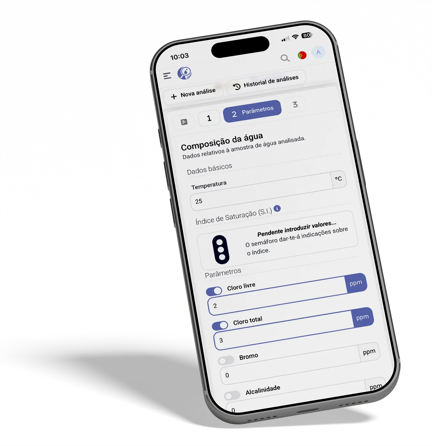Smartphone com BonPool aberto na etapa de análise da água.